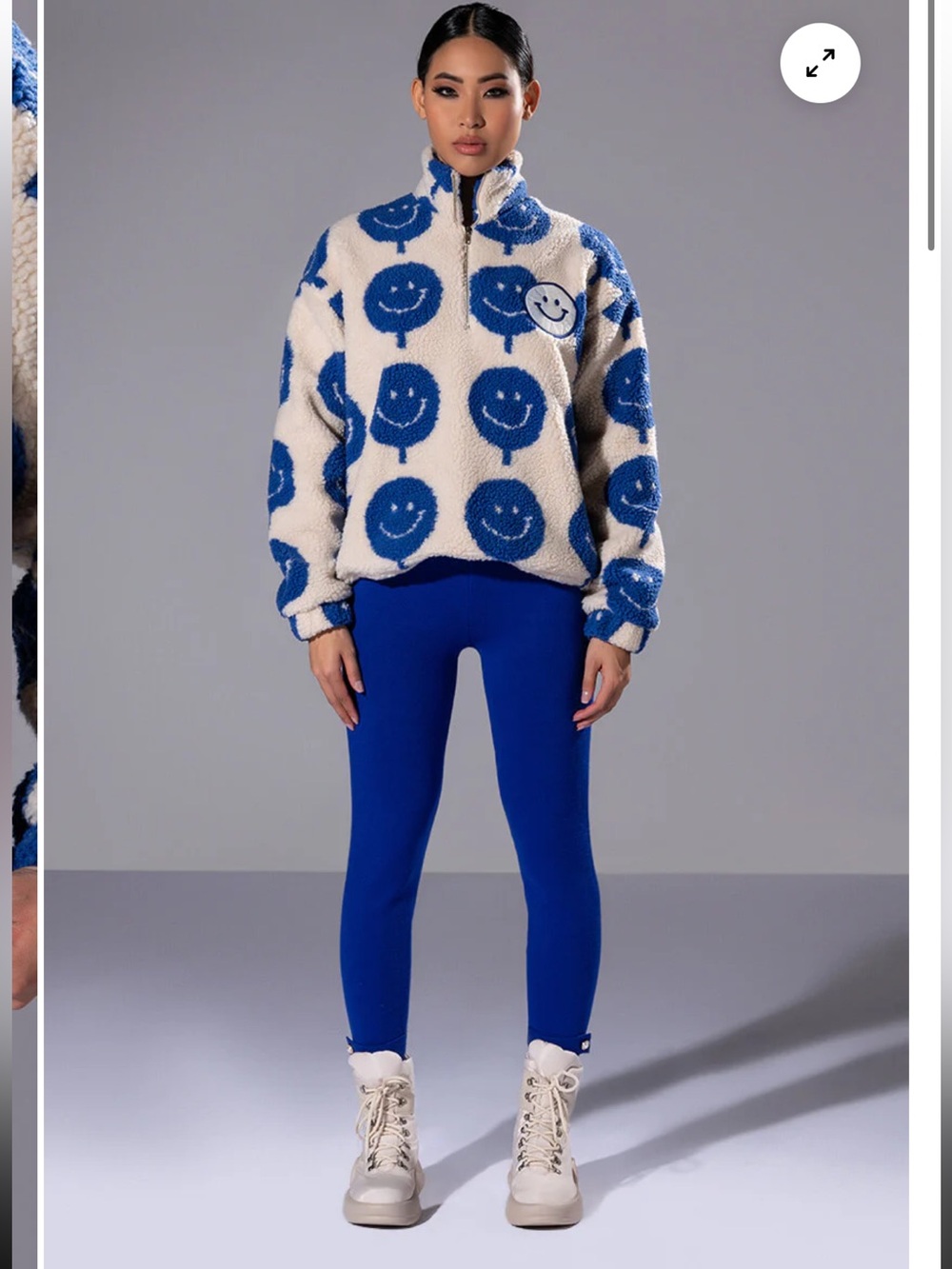 AKIRA Beige Sherpa Jacket with Blue Smiley Print NWT